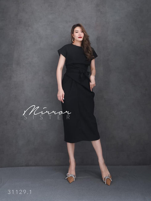 Women Classy Waist Tie Mid Length Back Slit Dresses